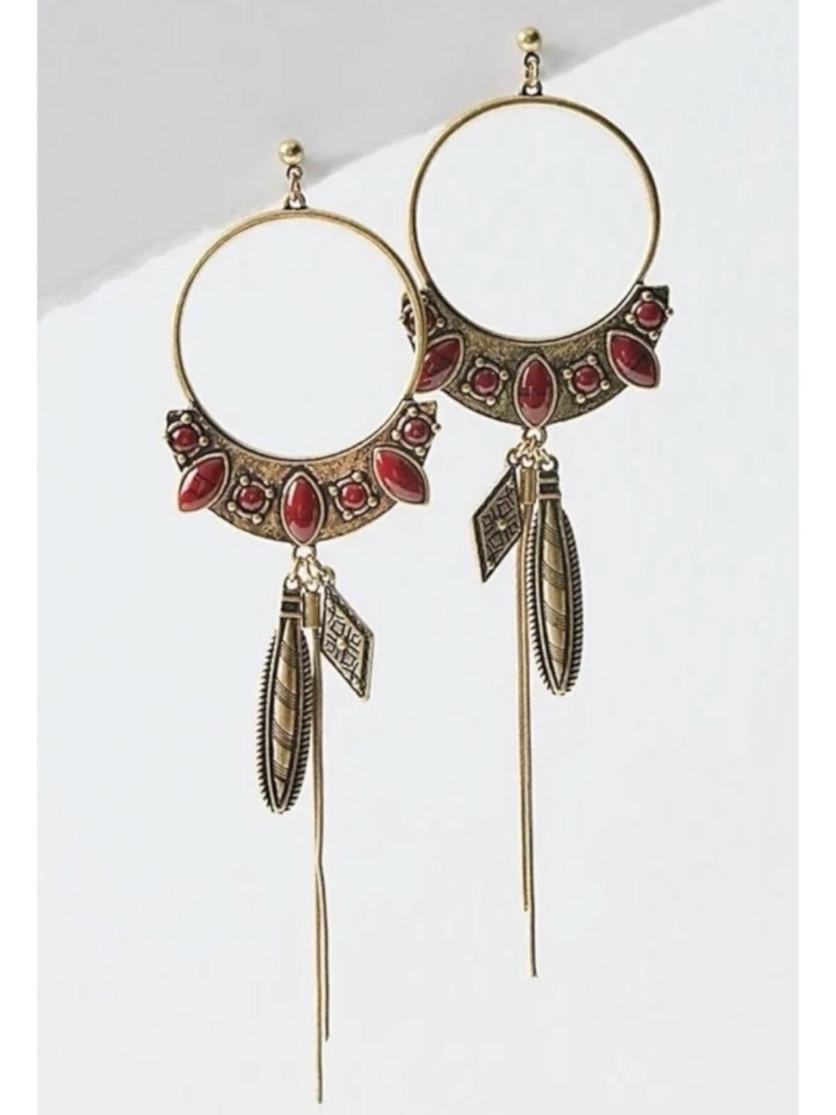 Free People Winona Hoops In Brass Red Jasper Nwt Bohemian Western Boho Dangles